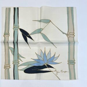 Jim Thompson Vintage Handkerchief  Silk Lotus Floral Bamboo Pocket Square 16”